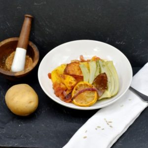 SavouréO vous propose : Tian de pommes de terre à la marseillaise, Fenouil vapeur– 100% Bio